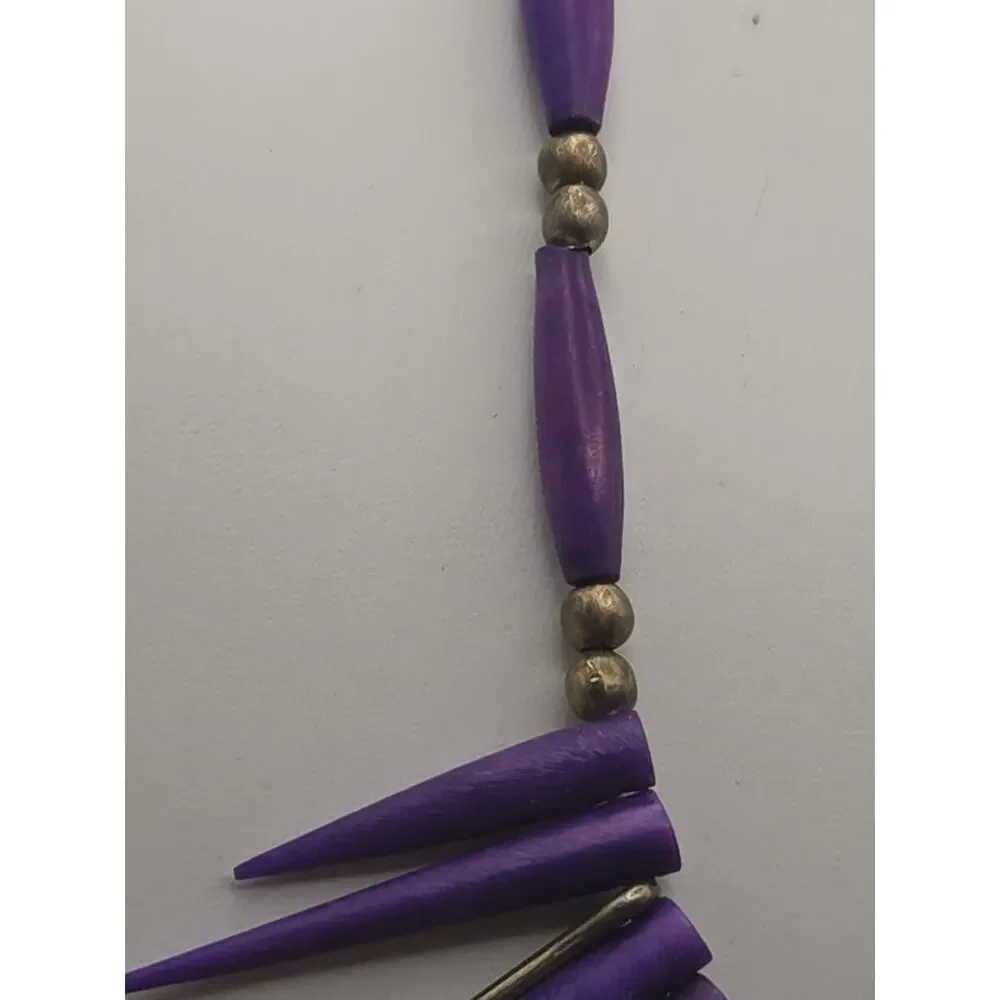 Vintage Purple Spike Fringe Bib Necklace 18” Gold Tone Boho Runway Statement